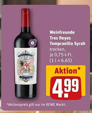 Weinfreunde Tres Reyes Tempranillo Syrah trocken, je 0,75-l-Fl.