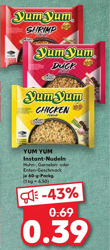 YUM YUM Instant-Nudeln Huhn-, Garnelen- oder Enten-Geschmack je 60-g-Pack.