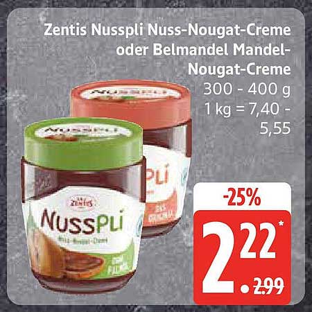 Zentis Nusspli Nuss-Nougat-Creme oder Belmandel Mandel-Nougat-Creme 300 - 400 g