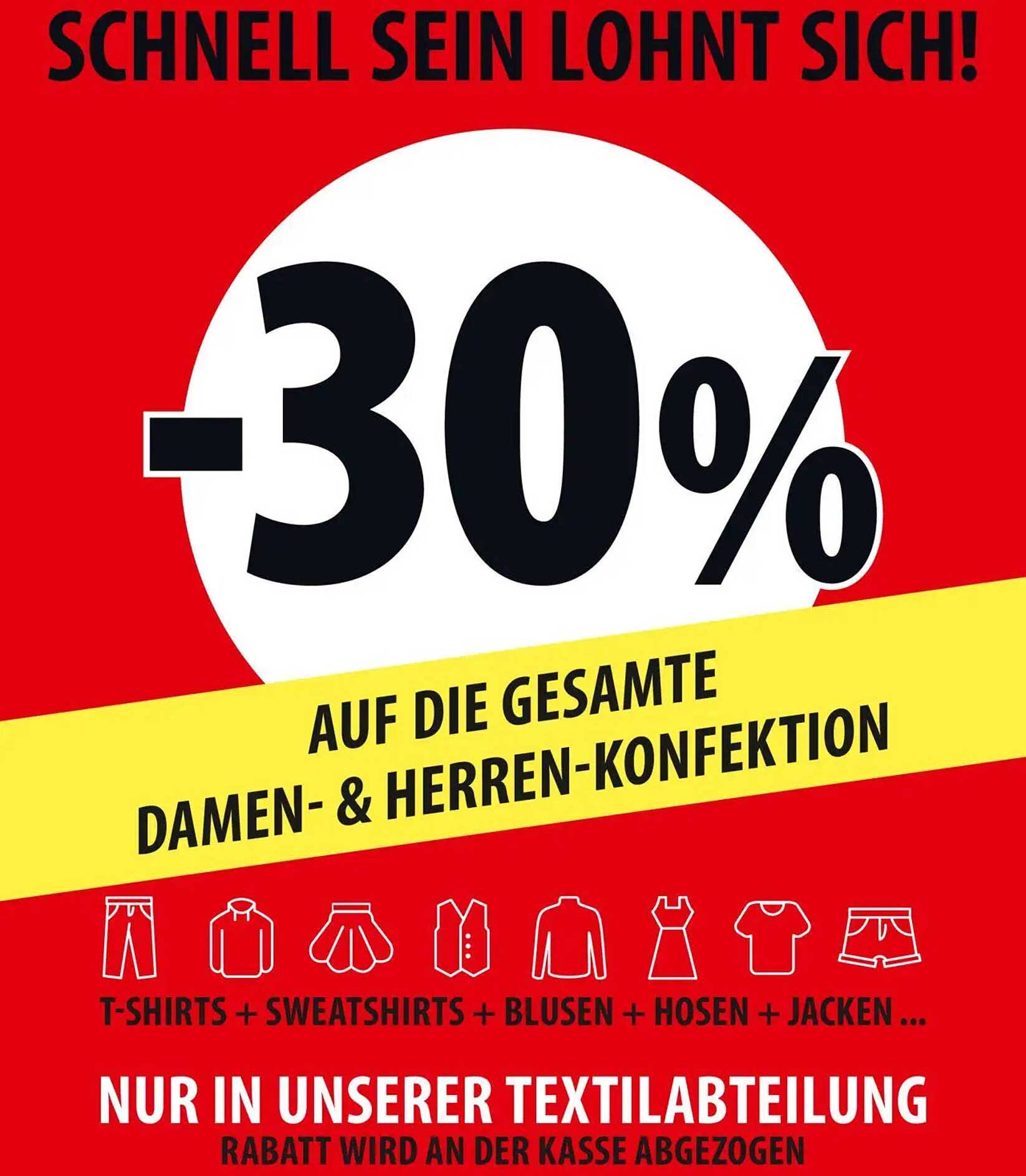 30% Rabatt auf die gesamte Damen- & Herren-Konfektion