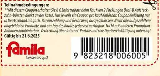 6 € Sofortrabatt beim Kauf von 2 Packungen Oral-B Aufsteckzahnbürsten