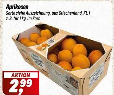Aprikosen, Sorte siehe Auszeichnung, aus Griechenland, KL. I z. B. für 1 kg im Korb