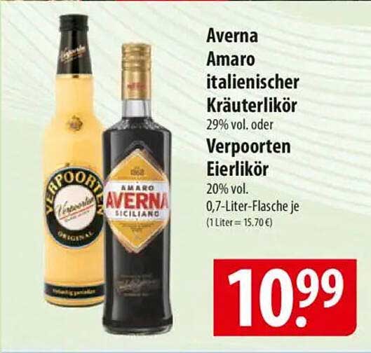 Averna Amaro italienischer Kräuterlikör 29% vol. oder Verpoorten Eierlikör 20% vol. je 0,7-Liter-Flasche