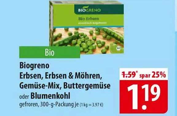 Biogreno Erbsen, Erbsen & Möhren, Gemüse-Mix, Buttergemüse oder Blumenkohl, gefroren, 300-g-Packung