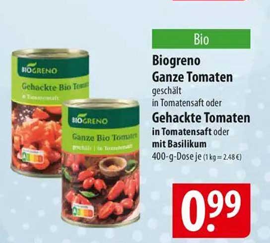 Biogreno Ganze Tomaten / Gehackte Tomaten in Tomatensaft oder mit Basilikum
