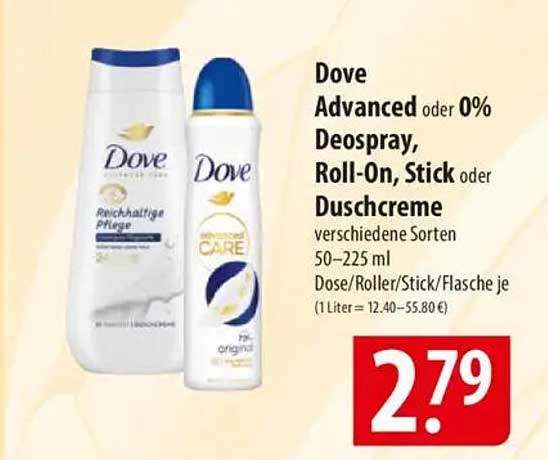 Dove Advanced oder 0% Deospray, Roll-On, Stick oder Duschcreme 50–225 ml