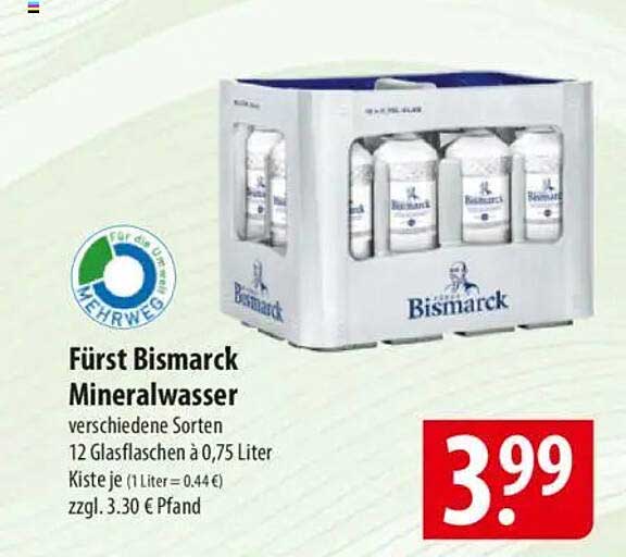 Fürst Bismarck Mineralwasser 12 Gläser à 0,75 Liter