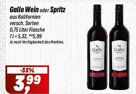 Gallo Wein oder Spritz aus Kalifornien – 0,75 Liter Flasche