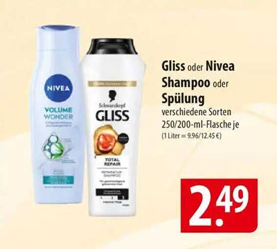 Gliss oder Nivea Shampoo oder Spülung - verschiedene Sorten 250/200-ml-Flasche für nur 2,49 €