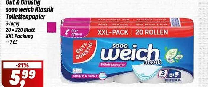 Gut & Günstig sooo weich Klassik Toilettenpapier 20 x 220 Blatt
