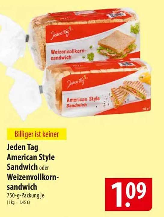 Jeden Tag American Style Sandwich oder Weizenvollkornsandwich 750-g-Packung je