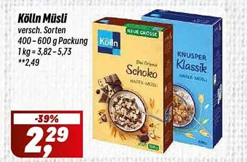 Kölln Müsli (verschiedene Sorten) 400-600 g Packung - nur 2,29 €