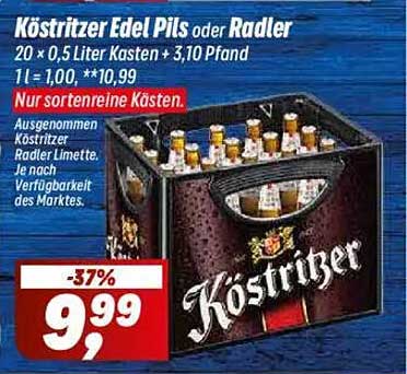Köstritzer Edel Pils oder Radler 20 × 0,5 Liter Kasten