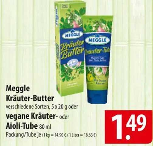 Meggle Kräuter-Butter verschiedene Sorten, 5 x 20 g oder vegane Kräuter- oder Aioli-Tube 80 ml