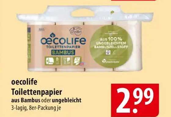 oecolife Toilettenpapier aus Bambus oder ungebleicht