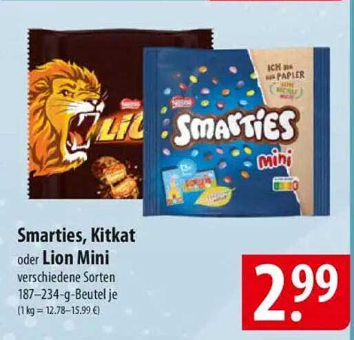 Smarties, Kitkat oder Lion Mini verschiedene Sorten 187–234-g-Beutel je