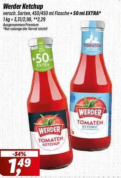Werder Ketchup, verschiedene Sorten, 450/450 ml Flasche + 50 ml EXTRA