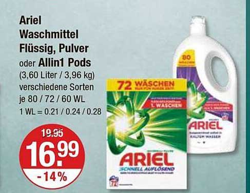 Ariel Waschmittel Flüssig, Pulver oder All-in-1 Pods (3,60 Liter / 3,96 kg)