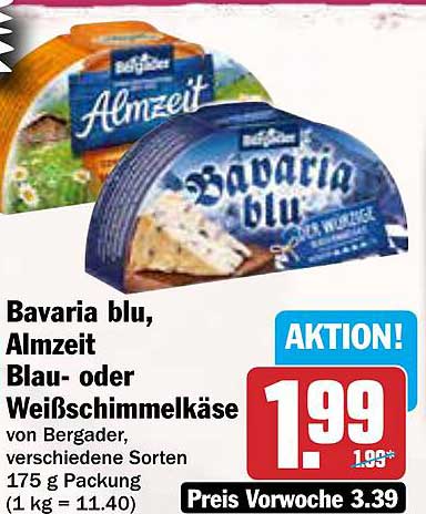 Bavaria blu, Almzeit Blau- oder Weißschimmelkäse von Bergader, 175 g Packung