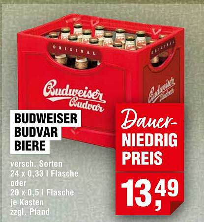 Budweiser Budvar Biere - Kasten mit 24 Flaschen à 0,33 l oder 20 Flaschen à 0,5 l