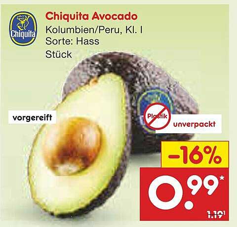 Chiquita Avocado Kolumbien/Peru, Kl. I, Sorte: Hass, Stück