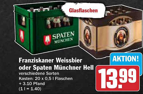 Franziskaner Weissbier oder Spaten Münchner Hell - Kasten mit 20 x 0,5 l Flaschen