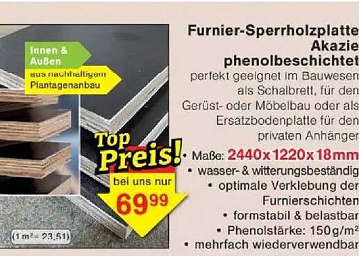 Furnier-Sperrholzplatten Akazie phenolbeschichtet