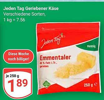 Jeden Tag Geriebener Käse Emmentaler 250 g für nur 1,89 €