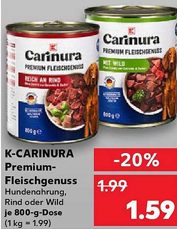 K-CARINURA Premium-Fleischgenuss Hundenahrung, Rind oder Wild je 800-g-Dose