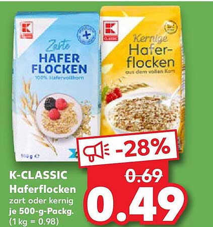 K-CLASSIC Haferflocken zart oder kernig je 500-g-Pack.