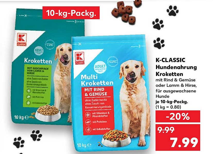 K-CLASSIC Hundenahrung Krokette mit Rind & Gemüse oder Lamm & Hirse - 10-kg-Packung