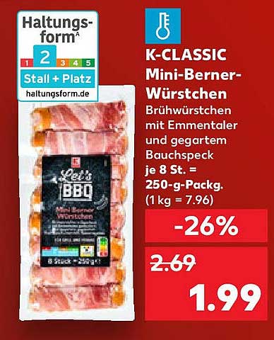 K-CLASSIC Mini-Berner-Würstchen mit Emmentaler und gegartem Bauchspeck