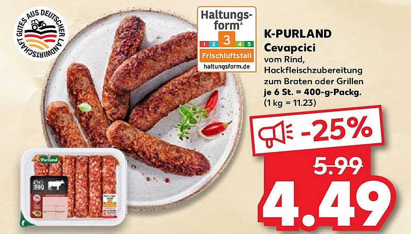 K-PURLAND Cevapcici vom Rind - Hackfleischzubereitung zum Braten oder Grillen