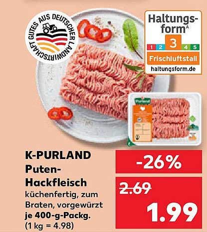 K-PURLAND Puten-Hackfleisch 400-g-Packung, küchenfertig, vorgewürzt