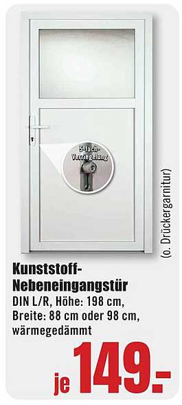 Kunststoff-Nebeneingangstür DIN L/R, Höhe: 198 cm, Breite: 88 cm oder 98 cm, wärmedämmt