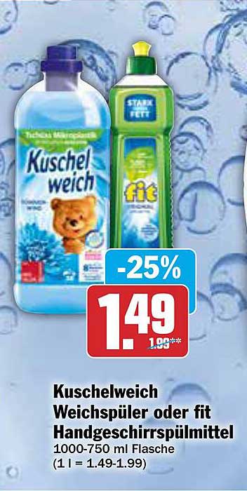 Kuschelweich Weichspüler oder fit Geschirrspülmittel 1000-750 ml Flasche