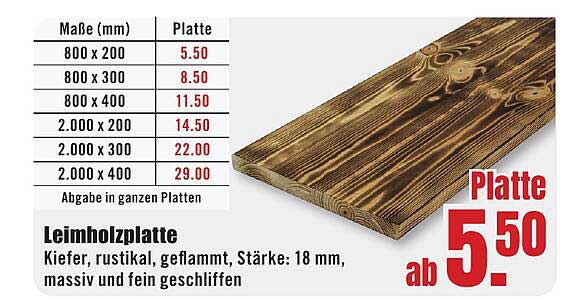 Leimholzplatte Kiefer, rustikal, 18 mm stark ab 5,50 €