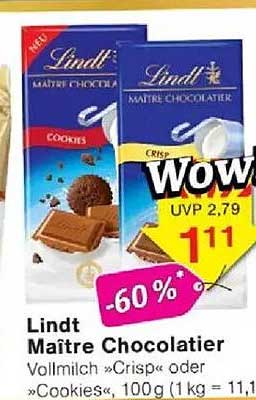 Lindt Maître Chocolatier Vollmilch »Crisp« oder »Cookies«, 100g