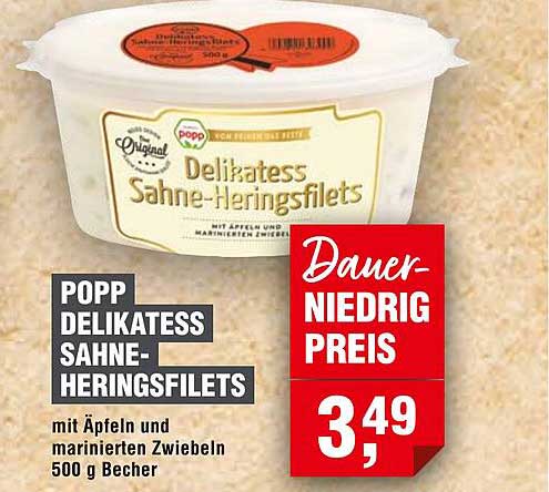 POPP Delikatess Sahne-Heringsfilets mit Äpfeln und marinierten Zwiebeln, 500 g Becher