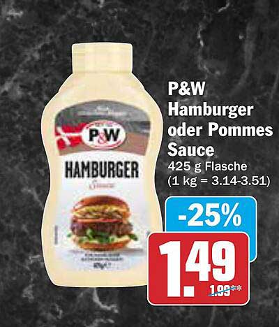 P&W Hamburger oder Pommes Sauce 425 g Flasche
