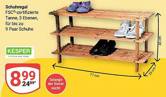 Schuhregal FSC®-zertifizierte Tanne, 3 Ebenen, für bis zu 9 Paar Schuhe