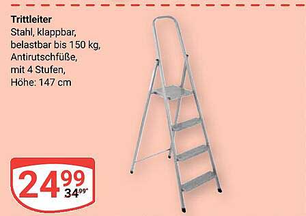 Trittleiter aus Stahl, klappbar bis 150 kg - 4 Stufen, Höhe 147 cm