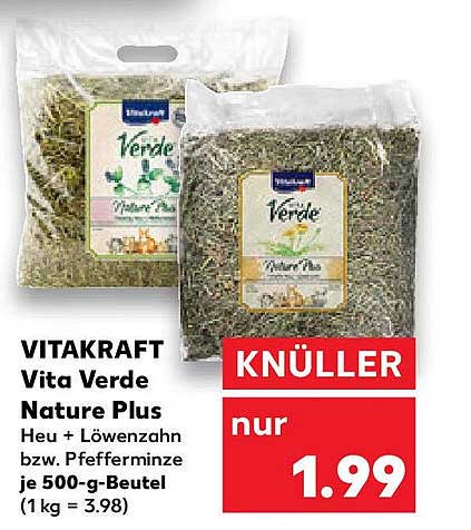 VITAKRAFT Vita Verde Nature Plus Heu + Löwenzahn bzw. Pfefferminze je 500-g-Beutel