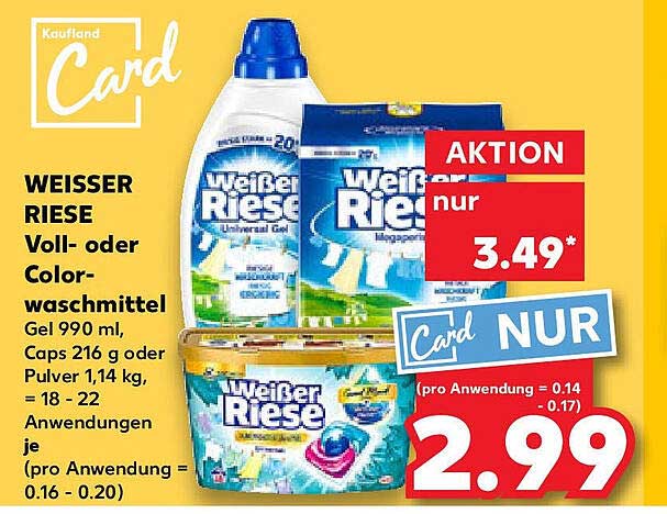 WEISSER RIESE Voll- oder Colorwaschmittel - Gel 990 ml, Caps 216 g oder Pulver 1,14 kg