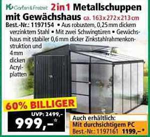 2 in 1 Metallschuppen mit Gewächshaus