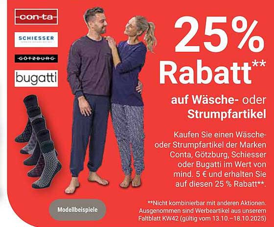 25% Rabatt auf Wäsche- oder Strumpfartikel von Conta, Götzburg, Schiesser und Bugatti