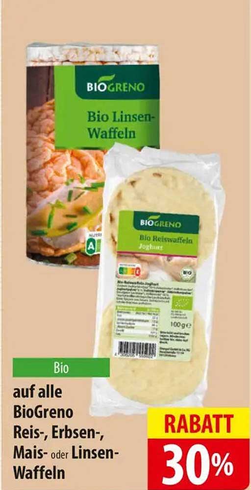 30% Rabatt auf alle BioGreno Reis-, Erbsen-, Mais- oder Linsen-Waffeln