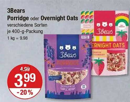 3Bears Porridge oder Overnight Oats 400-g-Packung
