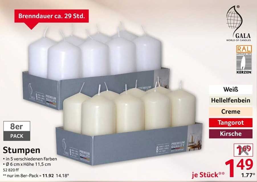 8er Pack Stumpenkerzen in verschiedenen Farben
