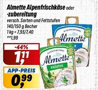 Almette Alpenfrischkäse oder -zubereitung - Verschiedene Sorten und Fettstufen